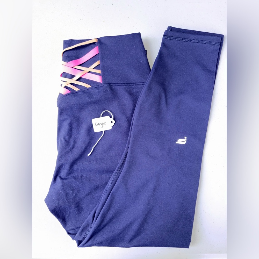 Fabletics Navy Blue Leggings with Pink and Orange Stripes